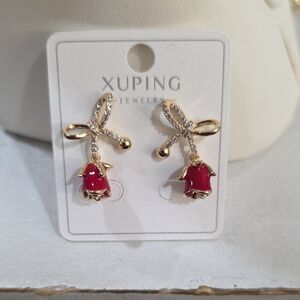 Ping 14k Gold Plated Red Rose With Ribbon Earrings